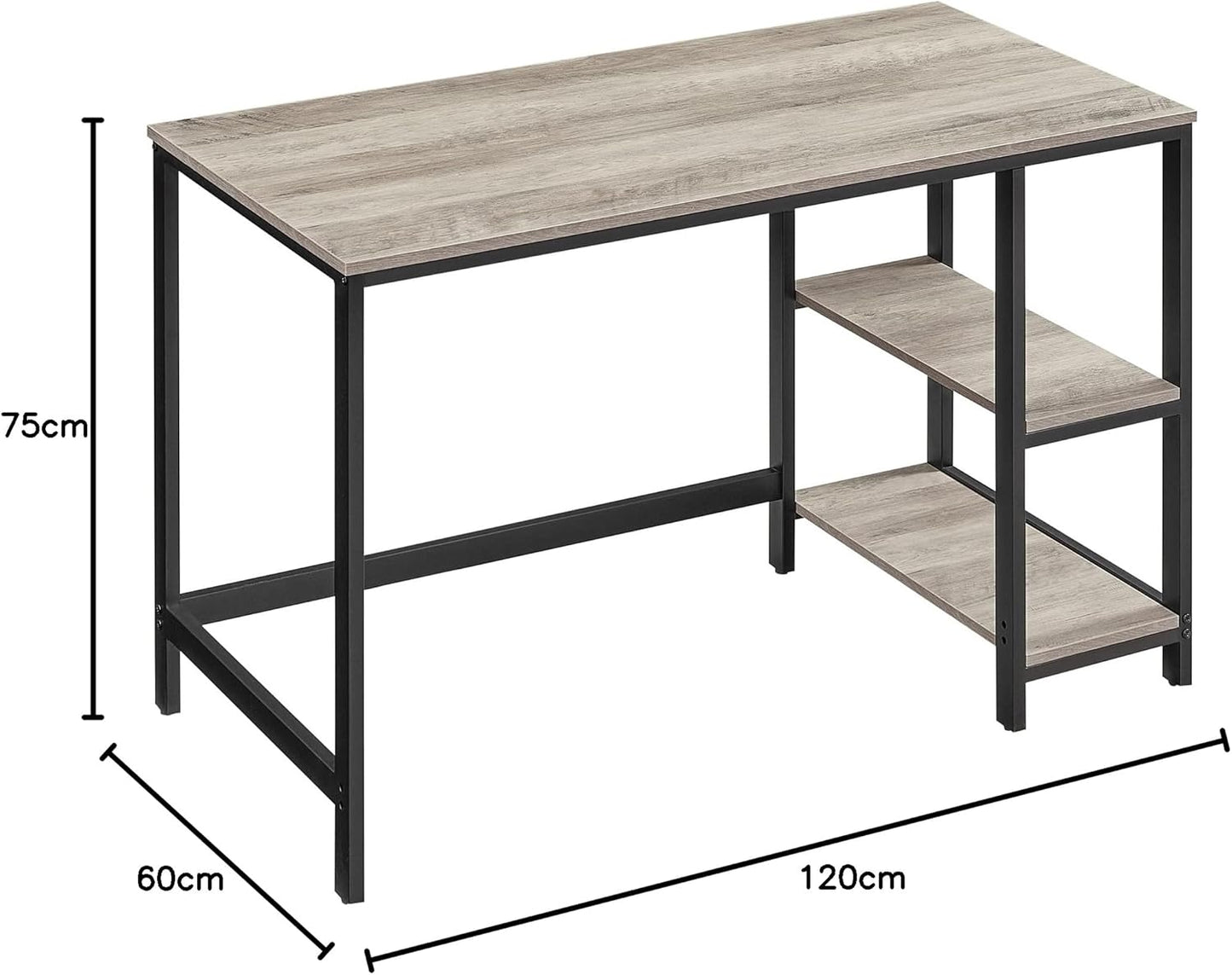 Woodx Computer Desk, Writing Desk with 2 Shelves on Left or Right, Work Table for Office Living Room, Steel Frame, Industrial, Greige and Black