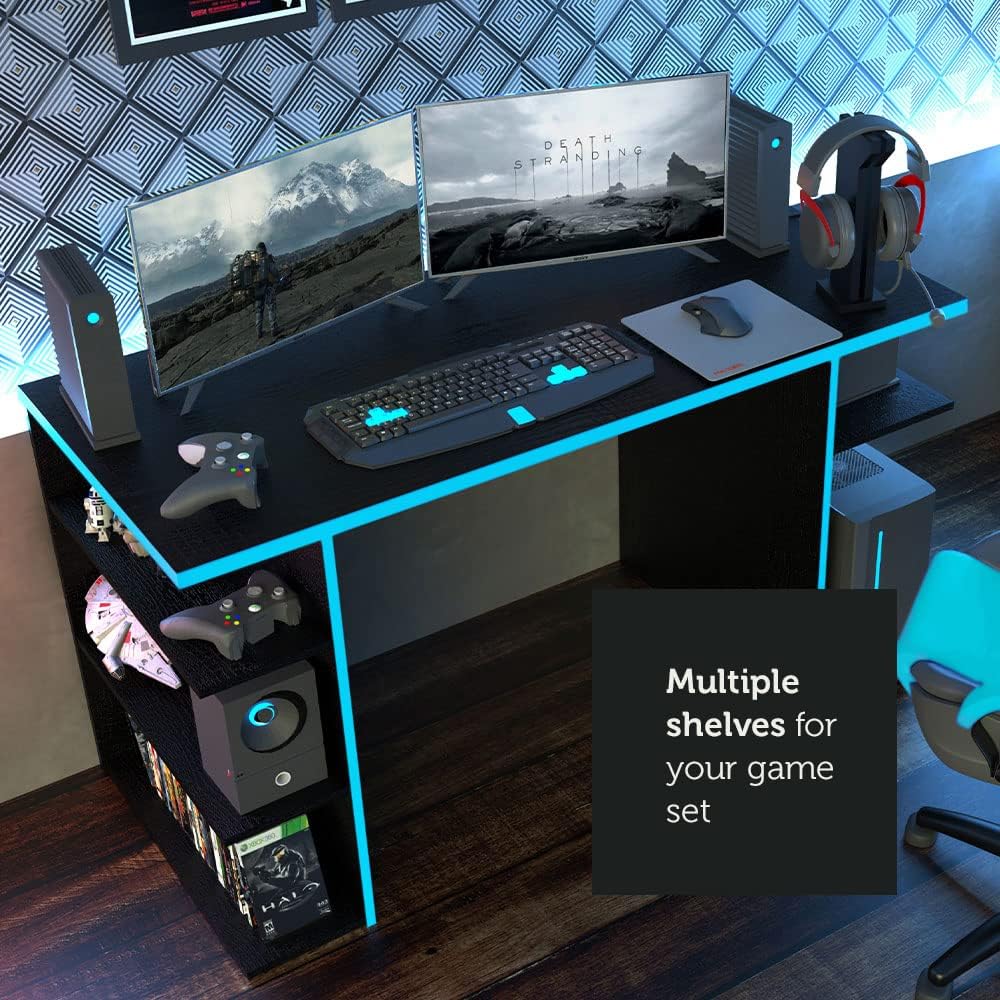 Madesa Gaming Computer Table and Office Desk with 5 Shelves and Cable Management, Wood, 136x75x60 Cm – Black/Blue