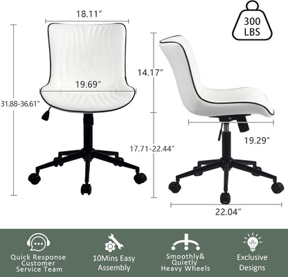 YOUTASTE Modern Armless Office Chair - Height Adjustable Swivel Rocking Computer Task Chair, Faux Leather With Wheels, Stylish Lounge Vanity Seat, White