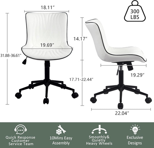 YOUTASTE Modern Armless Office Chair - Height Adjustable Swivel Rocking Computer Task Chair, Faux Leather With Wheels, Stylish Lounge Vanity Seat, White