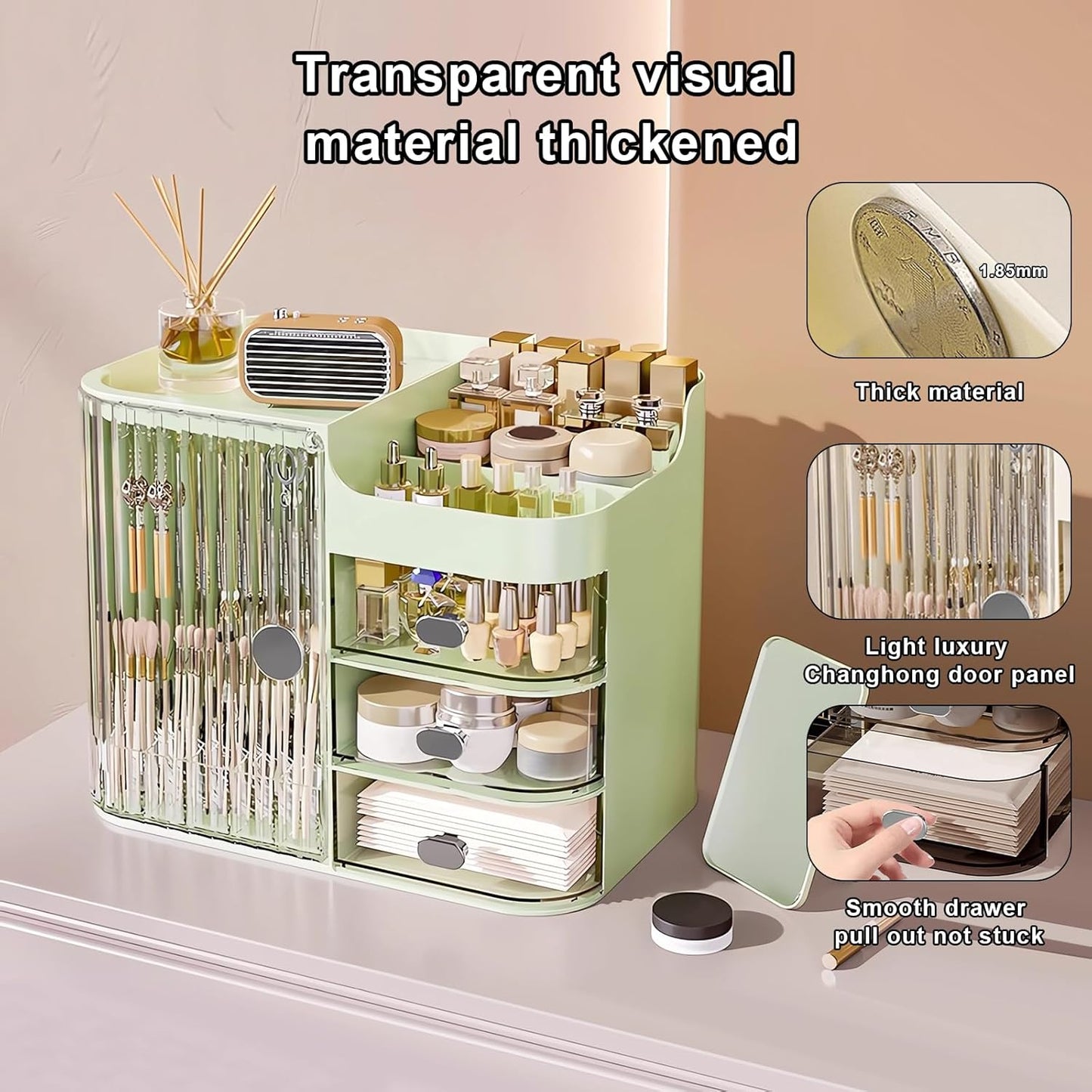 DASITON Makeup Organizer with Mirror,3 Drawers Storage Organizer,Makeup Brush Holder,Large Capacity Makeup Storage Box Skincare Organizers,Make up Organizers for Vanity,Bedroom,Countertop(Green)