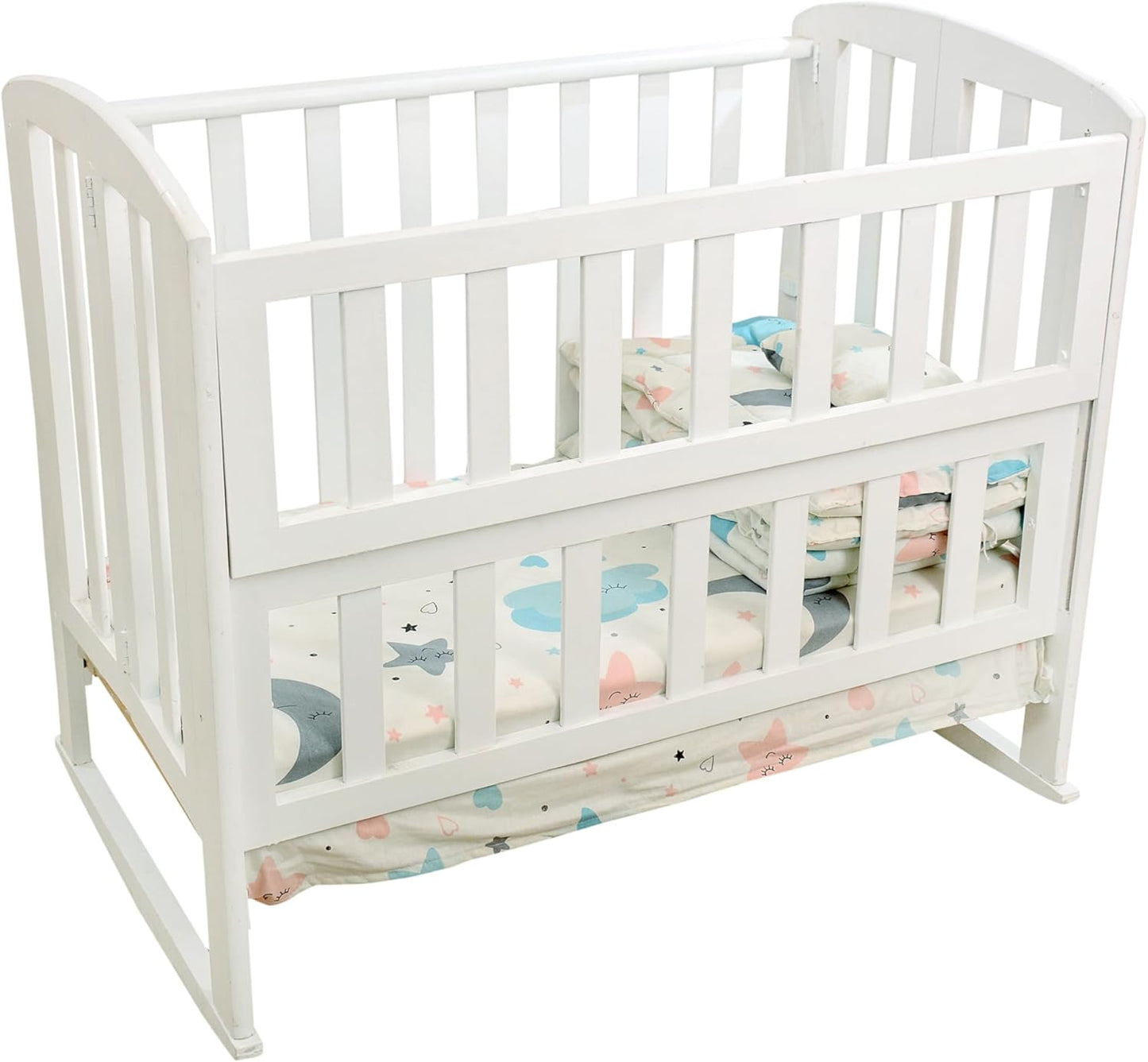 Baby Bed Made of Beech Wood White 3 Levels Open from the Side for Easy Attachment to Mother Bed Comes with Mattress + 4 Pieces Fiber Sides with Sheet and Pillow Free Gift