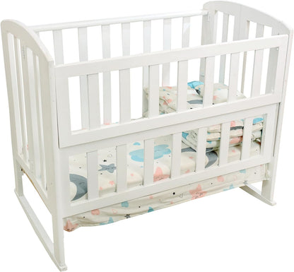 Baby Bed Made of Beech Wood White 3 Levels Open from the Side for Easy Attachment to Mother Bed Comes with Mattress + 4 Pieces Fiber Sides with Sheet and Pillow Free Gift