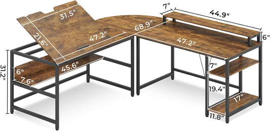SEDETA L Shaped Desk, 68.9 inches Corner Computer Desk with Monitor Stand Riser, Drafting Drawing Table with Tiltable Desktop, Workstation Study Writing Table Art Desk for Home Office, Rustic Brown