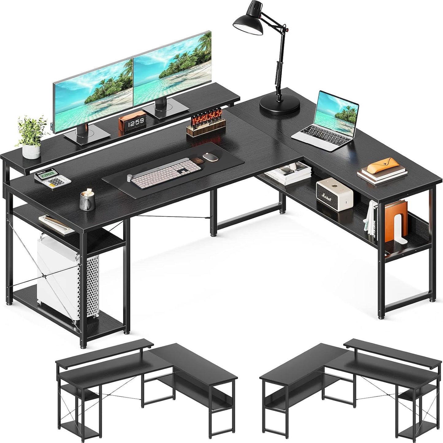 ODK 61" Reversible L Shaped Computer Desk, Modern Black Corner Desk with Storage Shelves & Monitor Stand, Home Office, Gaming, Writing Desk