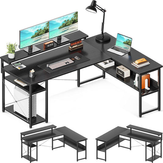 ODK 61" Reversible L Shaped Computer Desk, Modern Black Corner Desk with Storage Shelves & Monitor Stand, Home Office, Gaming, Writing Desk