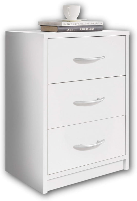 Stella Trading PEPE Bedside Table White - Simple Bedside Cabinet with Three Drawers Suitable for Any Bed & Bedroom - 39 x 54 x 28 cm (W x H x D)
