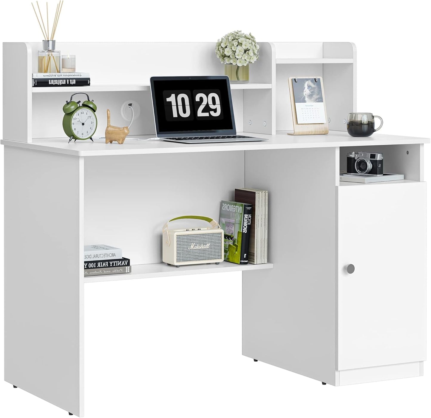 CubiCubi Computer Desk with Storage, 47 Inch Home Office Desk with Hutch and Shelves, Modern Writing Study Desk Work Table with Cabinet, White