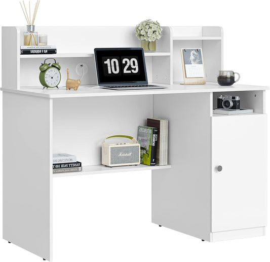 CubiCubi Computer Desk with Storage, 47 Inch Home Office Desk with Hutch and Shelves, Modern Writing Study Desk Work Table with Cabinet, White