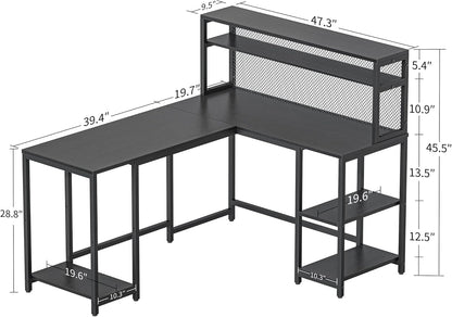 CubiCubi L Shaped Computer Desk with Hutch & Iron Mesh, 59 inch Large Home Office Desk with Storage Shelves, Study Table Writing Desk Workstation, Black