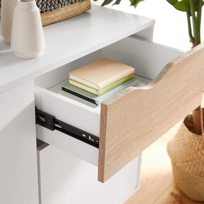 VonHaus Sideboard White & Oak Effect - Small Compact Sideboard Cabinet with 3 Storage Drawers & Cupboards – Nordic Scandi Style Furniture with Tapered Legs - Living Room, Lounge, Home Office & Hallway