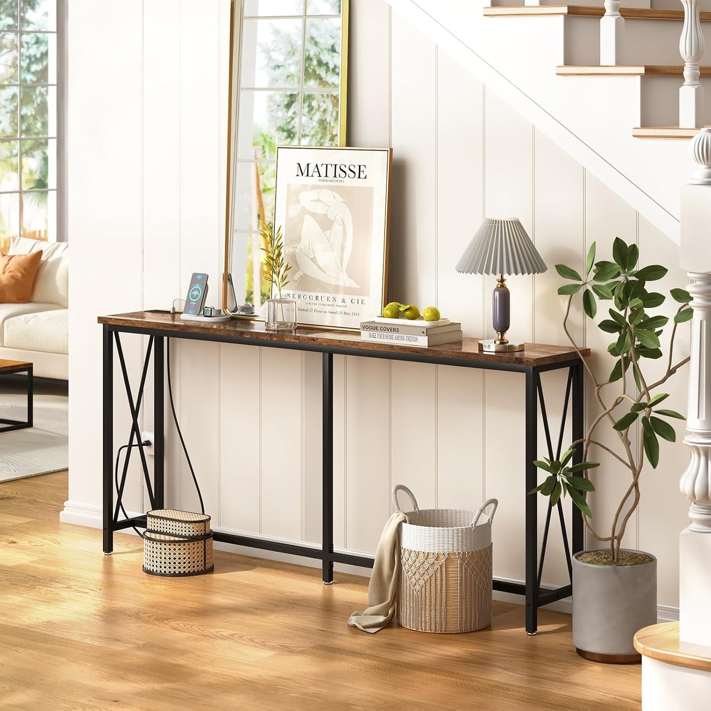 SUPERJARE 70.9 Inch Console Table with 2 Outlet and 2 USB Ports, Extra Long Entryway Table with Metal Frame and X-Shaped Design, Narrow Sofa Table for Living Room and Hallway - Rustic Brown