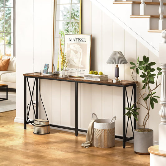 SUPERJARE 70.9 Inch Console Table with 2 Outlet and 2 USB Ports, Extra Long Entryway Table with Metal Frame and X-Shaped Design, Narrow Sofa Table for Living Room and Hallway - Rustic Brown