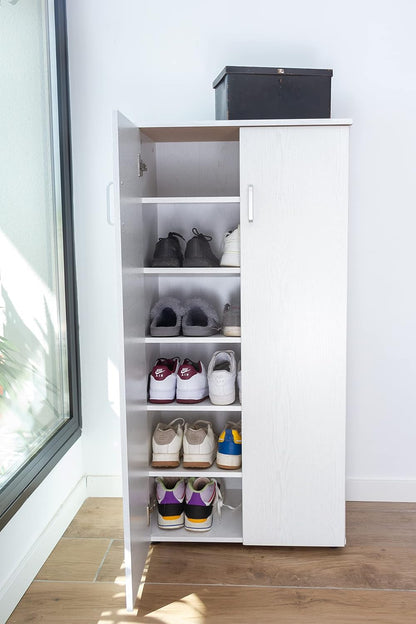 DUPI Shoe Cabinet Bookcase with Two Doors | Minimalist Design | 5 Shelves for 24 Shoes | MDF Wood | White Shoe Rack for Narrow Entrance, White, 60 x 32.5 x 124 cm