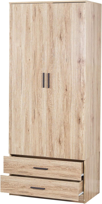 URBNLIVING Tall Wooden 2 Door Oak Wardrobe With 2 Drawers Bedroom Storage Hanging Bar Clothes (Oak Carcass + Oak Drawers)