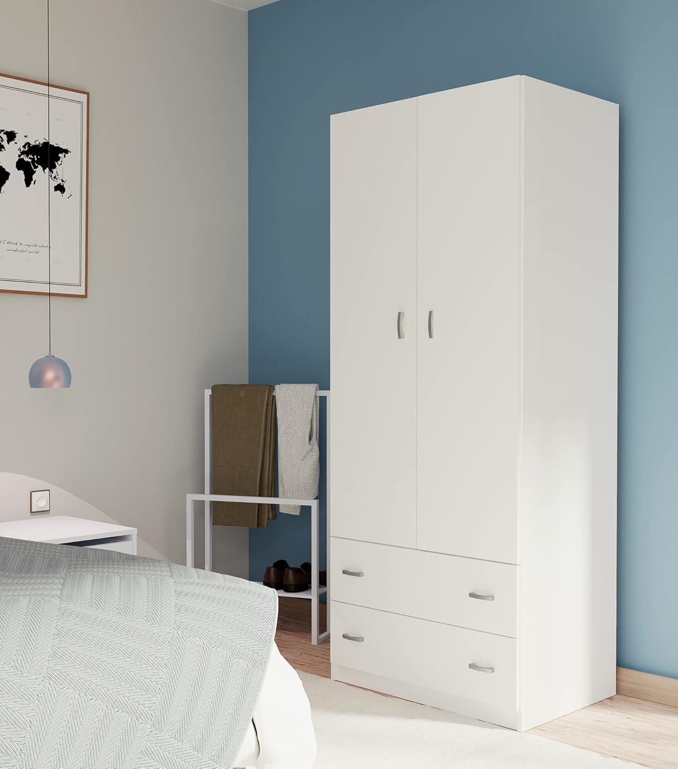 MUEBLES PITARCH Wardrobe White Gloss 2 Doors 2 Drawers Closet Youth Bedroom 74 x 180 x 50