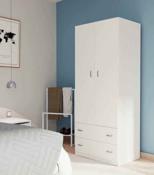 MUEBLES PITARCH Wardrobe White Gloss 2 Doors 2 Drawers Closet Youth Bedroom 74 x 180 x 50