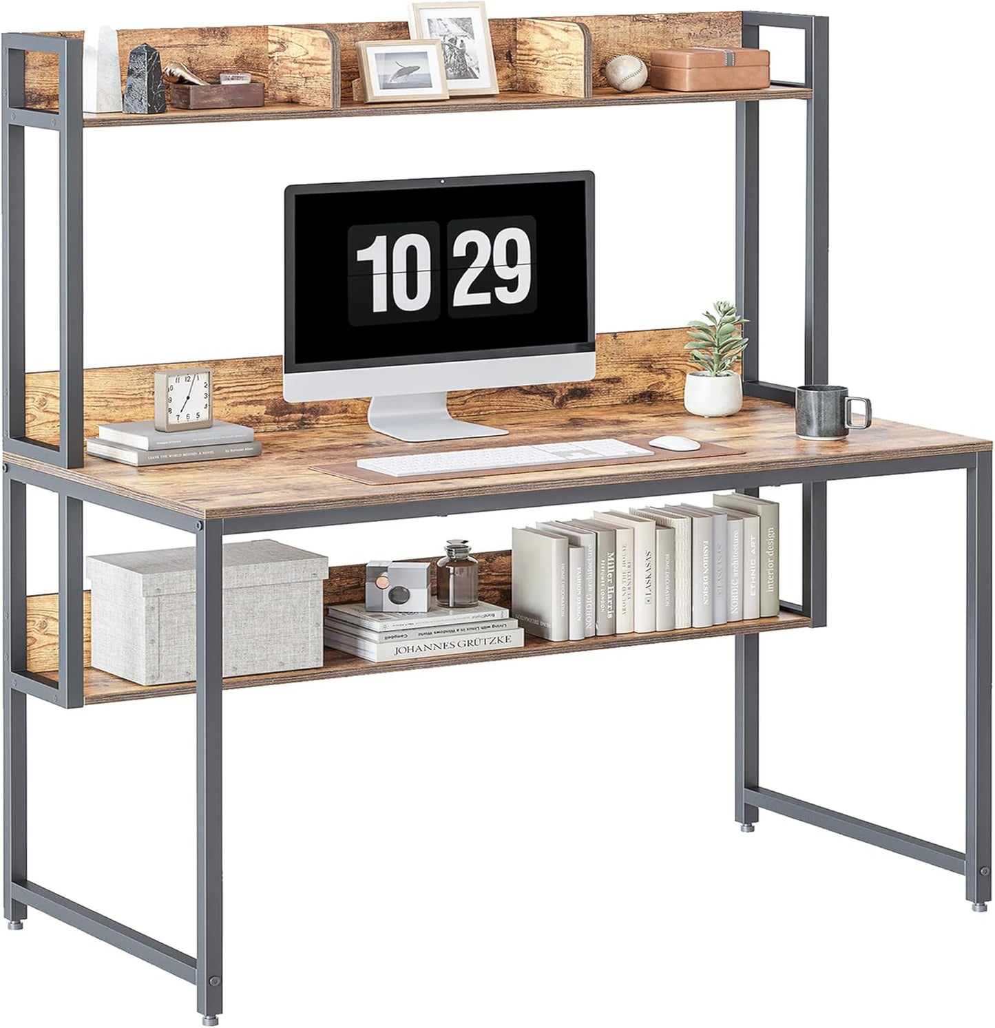 CubiCubi Computer Desk with Hutch and Storage Shelves, 47 Inch Home Office Desks with Bookshelf, Modern Office Writing Desk, Brown