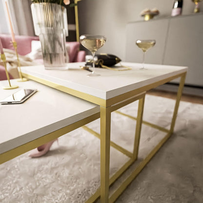 lukmebel Yoshi LEVANTO 2-in-1 Coffee Table Set of Two Tables Metal Base Matt Square Worktop 60 x 60 x 42 70 x 46 cm Gold and Levanto Marble
