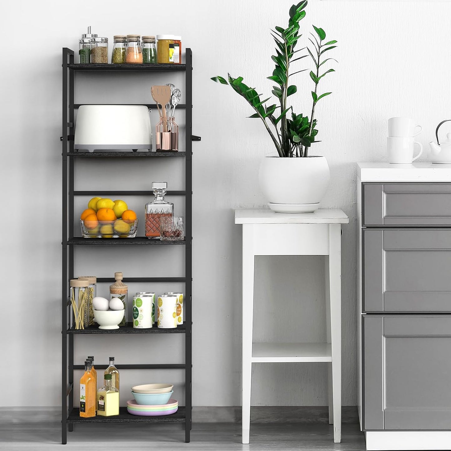 52.76in(H) Tall Bookshelf 5 Tier Bookcase Shelf Storage Organizer Industrial Freestanding Book Shelves Units Large Storage Tired Shelf for Small Space, Living Room, Kitchen, Bedroom, Modern Black