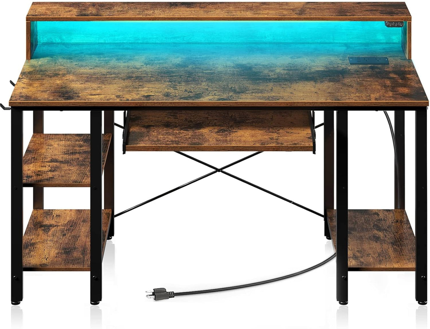 Rolanstar Computer Desk with LED Lights & Power Outlets, 47” Gaming Desk with Storage Shelves, Home Office Desk with Keyboard Tray & Monitor Stand, with Hooks, Carbon Fiber Surface Black