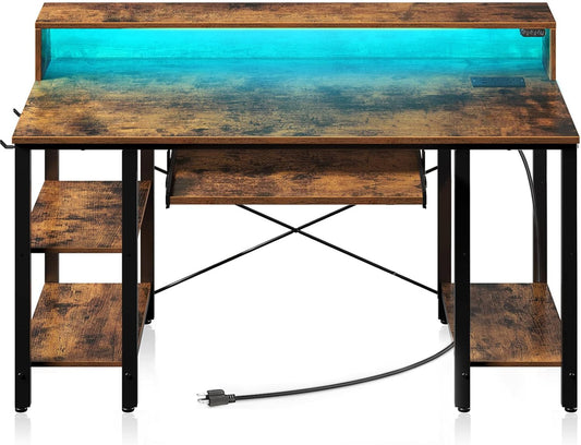 Rolanstar Computer Desk with LED Lights & Power Outlets, 47” Gaming Desk with Storage Shelves, Home Office Desk with Keyboard Tray & Monitor Stand, with Hooks, Carbon Fiber Surface Black