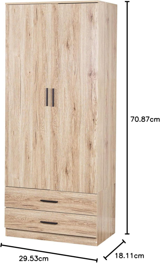 URBNLIVING Tall Wooden 2 Door Oak Wardrobe With 2 Drawers Bedroom Storage Hanging Bar Clothes (Oak Carcass + Oak Drawers)