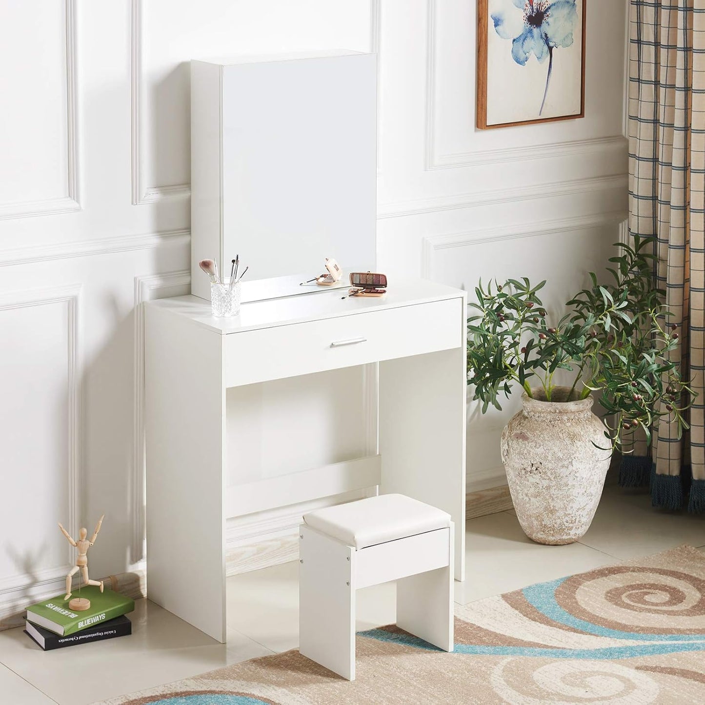 Meerveil Dressing Table Stool, White Soft Padded Wood Vanity Stool, 41x 35 x 45 cm Piano Seat