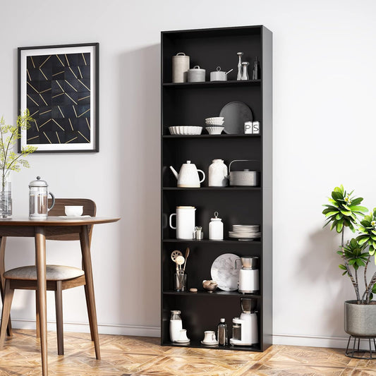 FirFurd Bookcase 6 Tiers Bookshelf Black Tall Display Shelf Freestanding Wooden Storage Unit for Living Room Bedroom Office 60x23.5x180cm