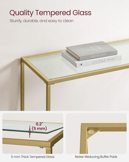 VASAGLE Console Table, Tempered Glass Table, Modern Sofa or Entryway Table, Metal Frame, Sturdy, Adjustable Feet, for Living Room, Hallway, Golden LGT26G