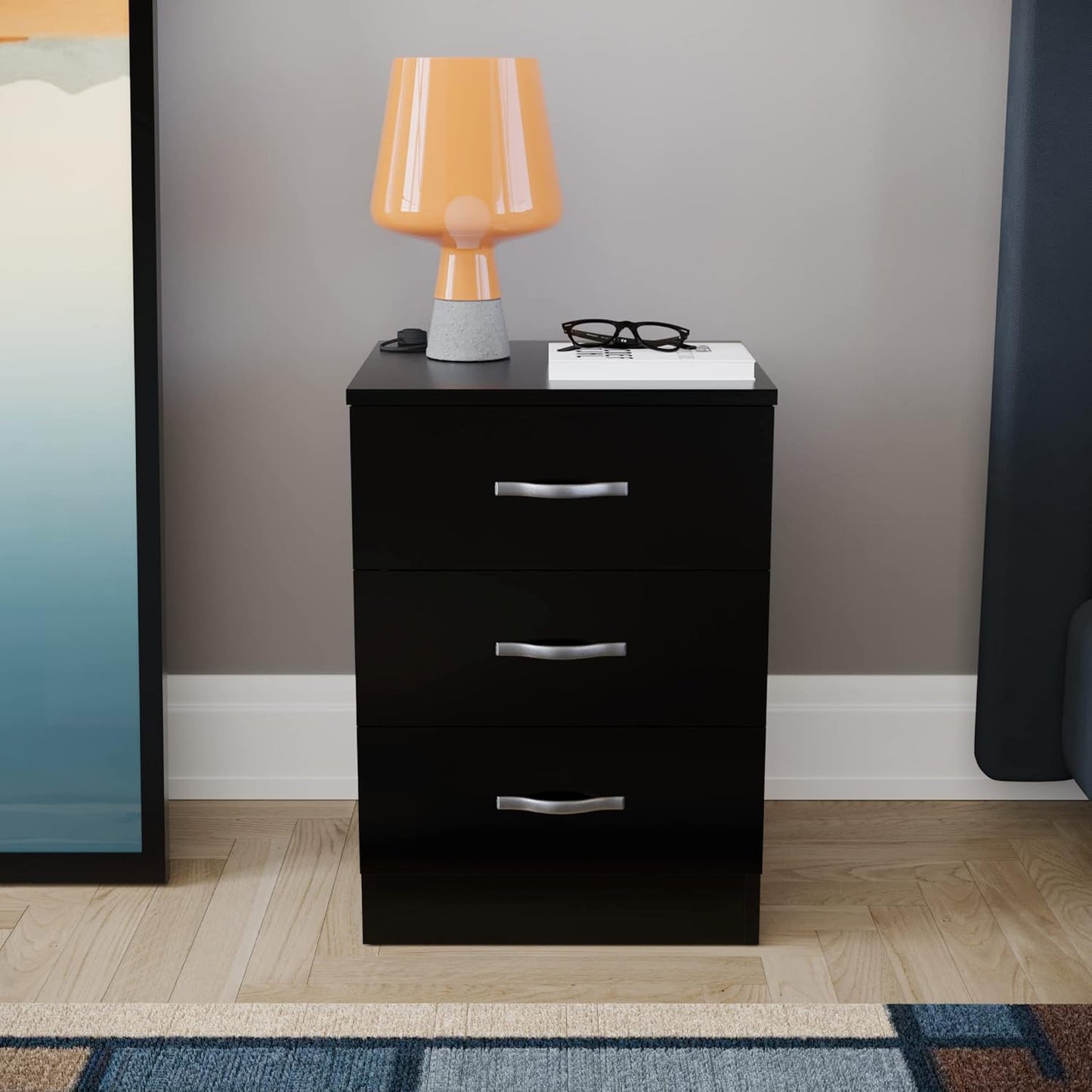 Vida Designs Large Black Bedside Cabinet Chest of Drawers, 3 Drawer With Metal Handles and Runners, Unique Anti-Bowing Drawer Support, Riano Bedroom Furniture