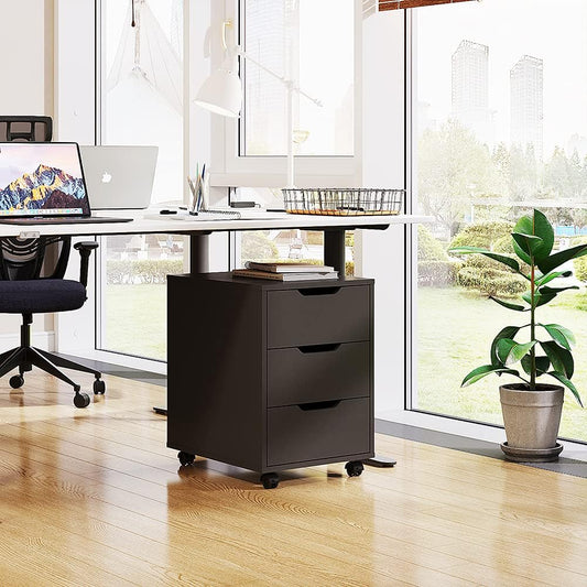 Panana Office Mobile File Cabinet with 3 Drawers, White Wooden Storage Unit with Caster Wheels Under Table Pedestal Side File Document Cabinet (Black)