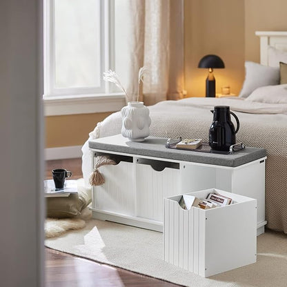 Storage Bench with 3 Drawers & Removable Seat Cushion, White