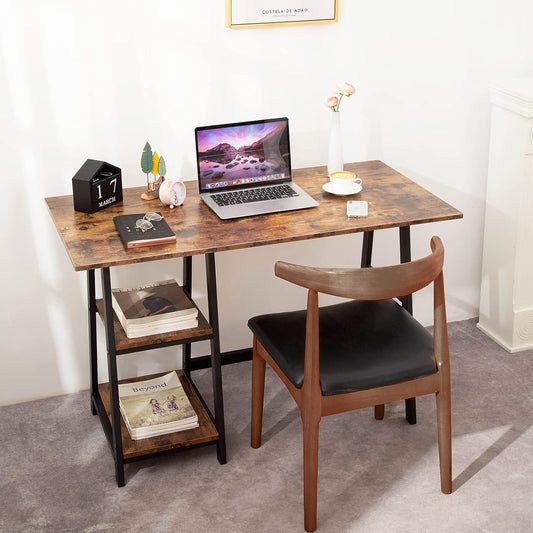 Oak & Tea Computer Desk Small Home Office Table with Shelves Compact Workstation Modern Style Writing Desk for Work Study Gaming 120x60x75 cm