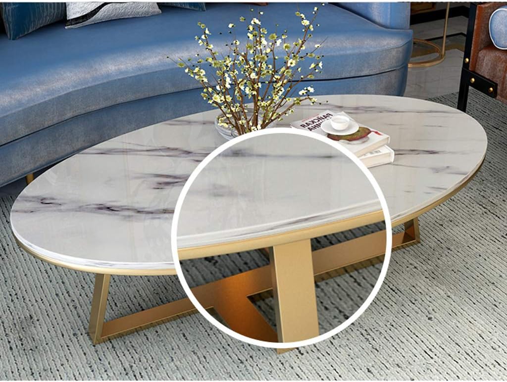 NATUO-Furniture Mid Century Couch Table Modern Simple Oval Marble Coffee Table Side Living Room End Table Cocktail Table Gold Metal iron Base,70cm/80cmx60cmx45cm(White)