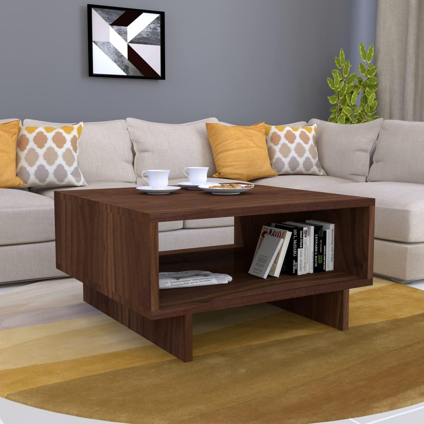 Furnifry Modern Square Center Table with Open Storage Shelf/Wooden Coffee Table for Home/Sturdy & Stylish Furniture for Living Area/Wooden Coffee & Sofa Table (Walnut)