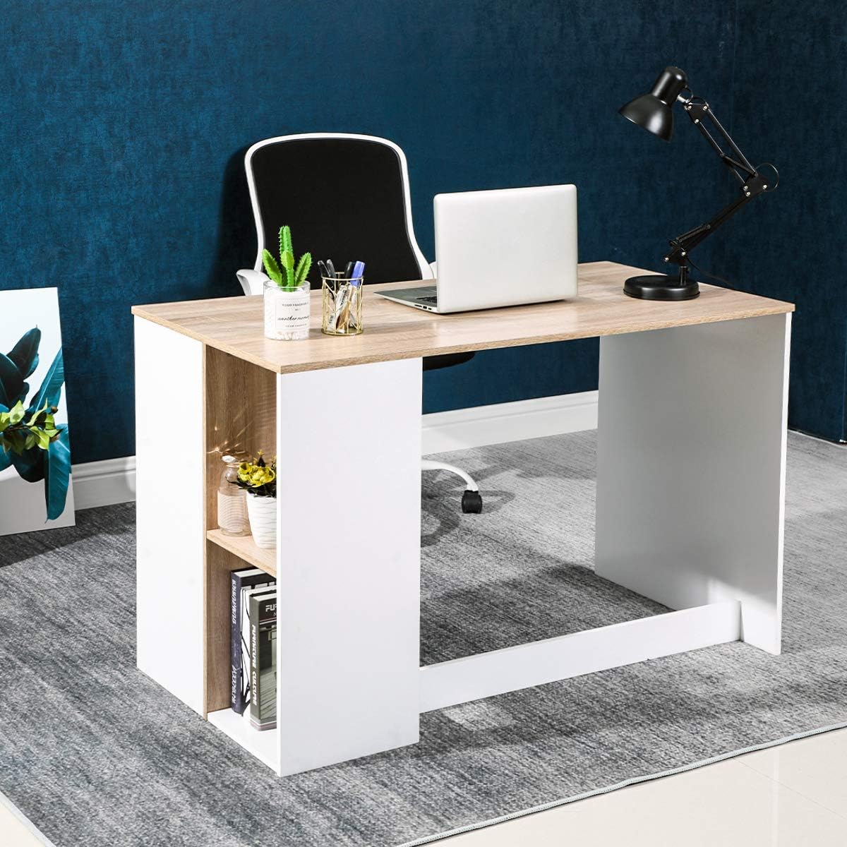 Writing Computer Desk with Storage, Large Study Desk with 5 Shelves Home Office Table Wood Computer Workstation with Integrated Bookcaseï¼ŒBeech & White,Multicolor