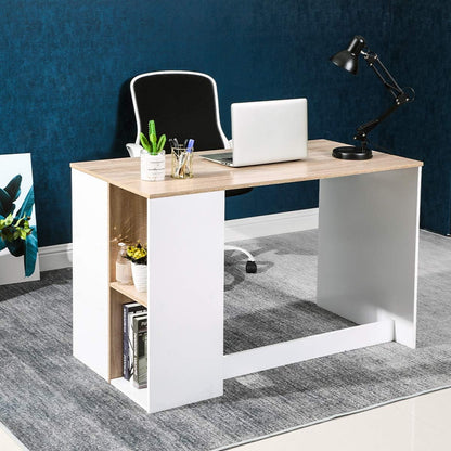 Writing Computer Desk with Storage, Large Study Desk with 5 Shelves Home Office Table Wood Computer Workstation with Integrated Bookcaseï¼ŒBeech & White,Multicolor