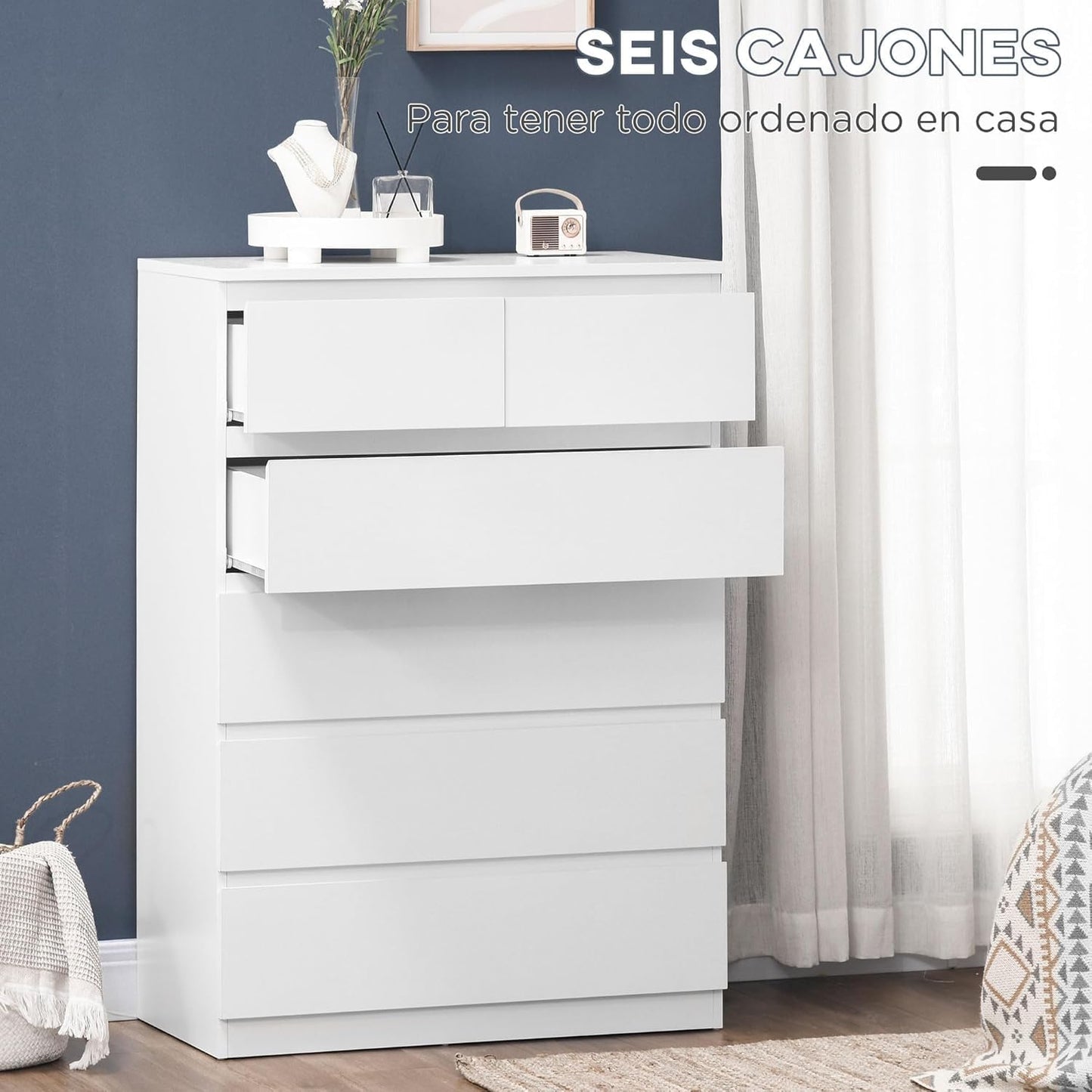 FurniFlex 6 Drawers Modern Wooden Dresser for Entryway, 80 cm x 39 cm x 115 cm Size, White