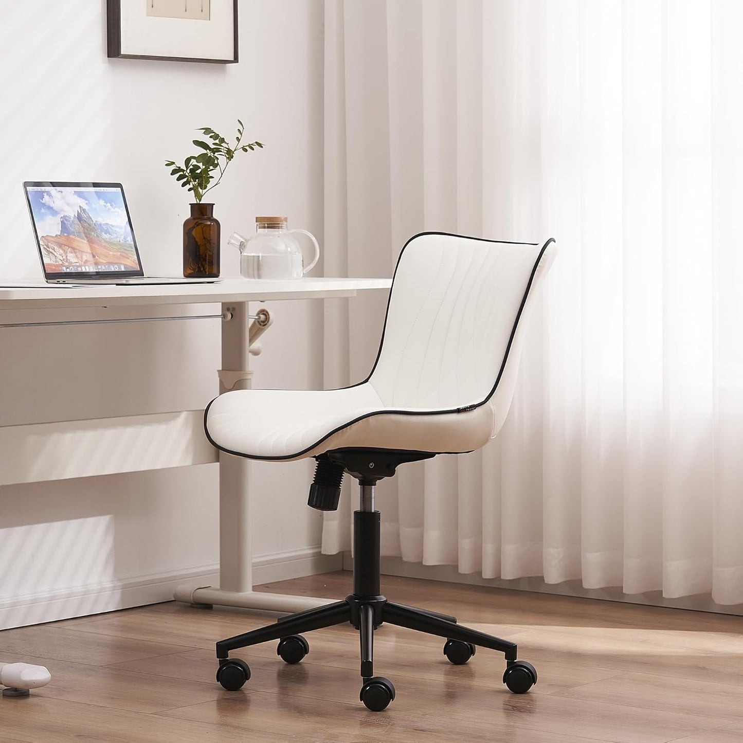 YOUTASTE Modern Armless Office Chair - Height Adjustable Swivel Rocking Computer Task Chair, Faux Leather With Wheels, Stylish Lounge Vanity Seat, White