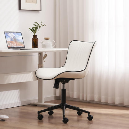 YOUTASTE Modern Armless Office Chair - Height Adjustable Swivel Rocking Computer Task Chair, Faux Leather With Wheels, Stylish Lounge Vanity Seat, White