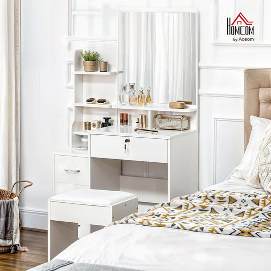 HOMCOM Makeup Vanity with Stool and Mirror Makeup Table with 4 Drawers 4 Storage Compartments Modern Style 80 x 38 x 143 cm White