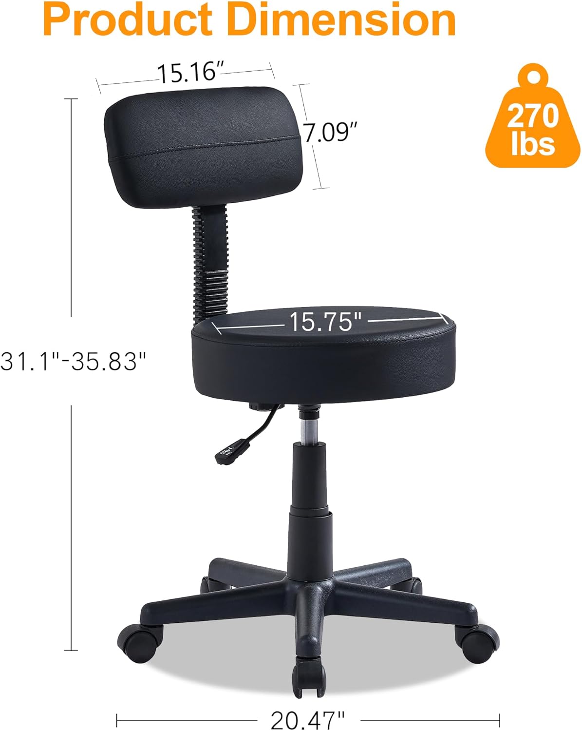 VECELO Home Office Desk Chair with Backrest for Garage Shop Workbench Kitchen Medical Salon, with Wheels, Height Adjustable, Swivel, Easy to Move, Black, Set of 1