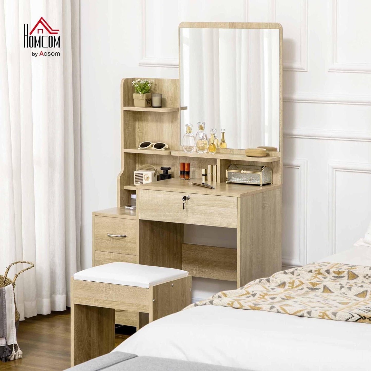 HOMCOM Dressing Table Makeup Table Set with Stool Padded Large Mirror + Multiple Open Shelves + 4 Drawers Natural Wood