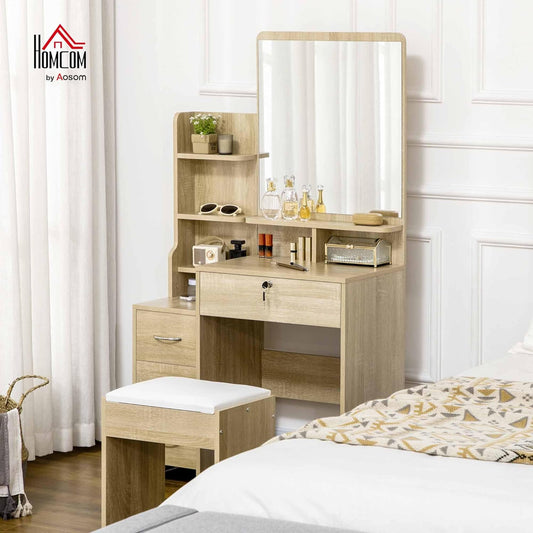 HOMCOM Dressing Table Makeup Table Set with Stool Padded Large Mirror + Multiple Open Shelves + 4 Drawers Natural Wood