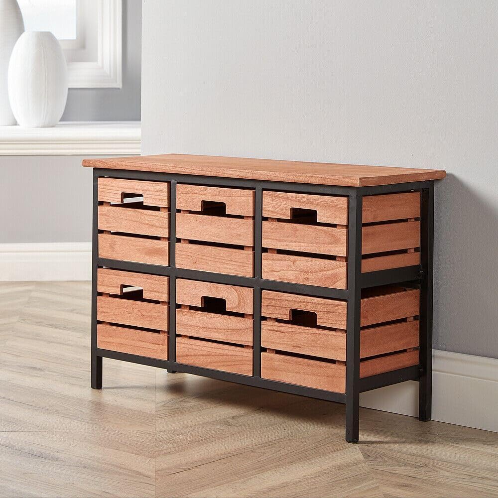 Home Source Solid Wood Chest of Drawers Storage Unit Bedroom Office Organiser Metal Frame, 6 Wide