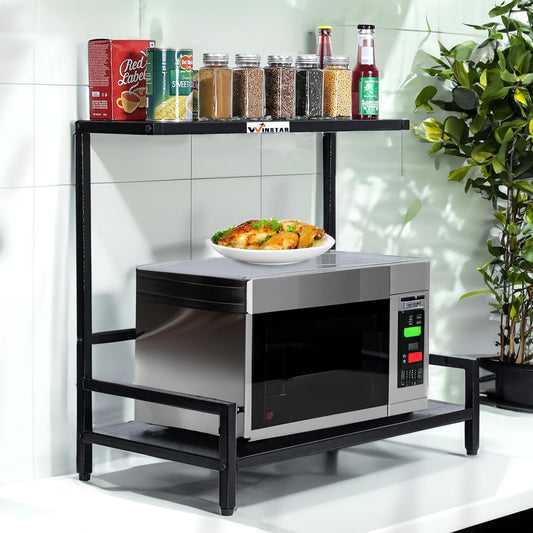 WINSTAR Metal Microwave Stand | Microwave & OTG Rack for Kitchen Counter | Double Platform for Extra Storage | Kitchen Oven Rack | Black (No Wheels, L-Shape)