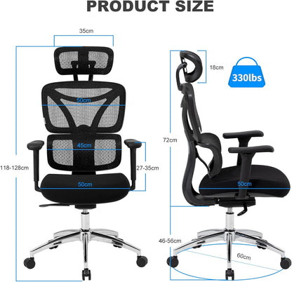 Ergonomic Office Chair, Home Office Desk Chair with Adjustable Headrest & Armrest, High Back Mesh Computer Chair with Thickened Cushion & Dynamic Lumbar Supportï¼Œ360° Swivel Chair for Home Office
