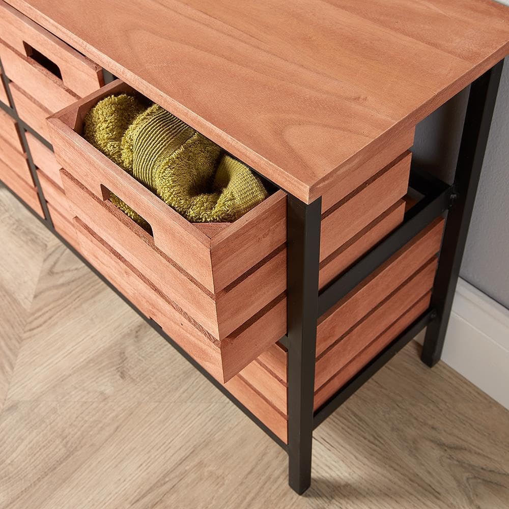 Home Source Solid Wood Chest of Drawers Storage Unit Bedroom Office Organiser Metal Frame, 6 Wide