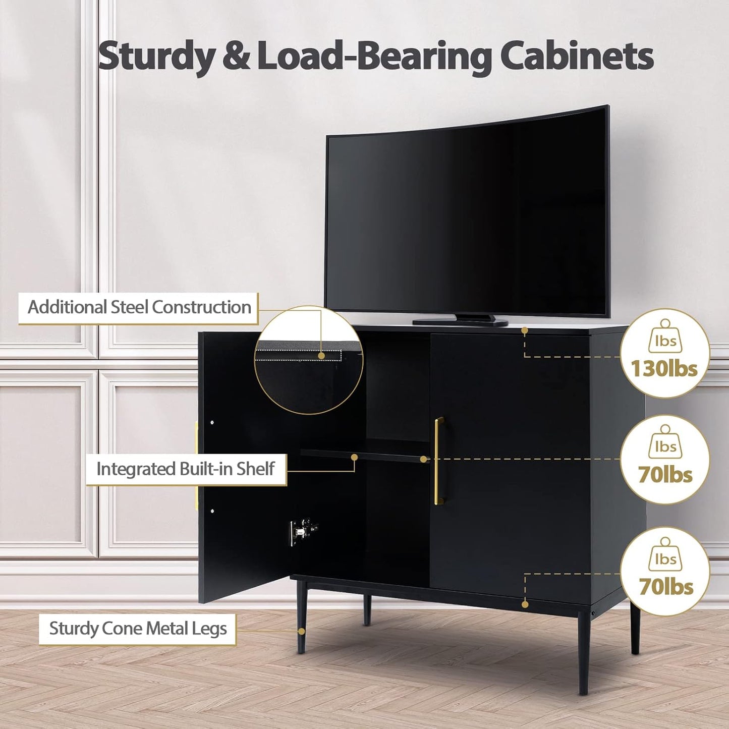Vrullu Modern, Free Standing Cabinet, Black Sideboard and Buffet Storage with Doors, Wood Accent Cabinet for Living Room, Hallway, Entryway, Dining Room, Bedroom (1, Black)